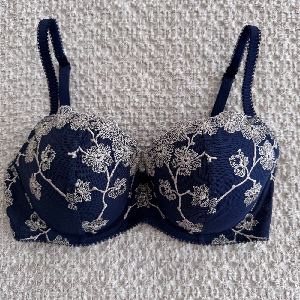 Victoria's Secret Dream Angels Navy Silver Floral Embroidered Demi Bra 34DD